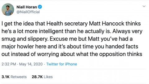 One Direction’s Niall Horan hits out at “smug and slippery” Matt Hancock